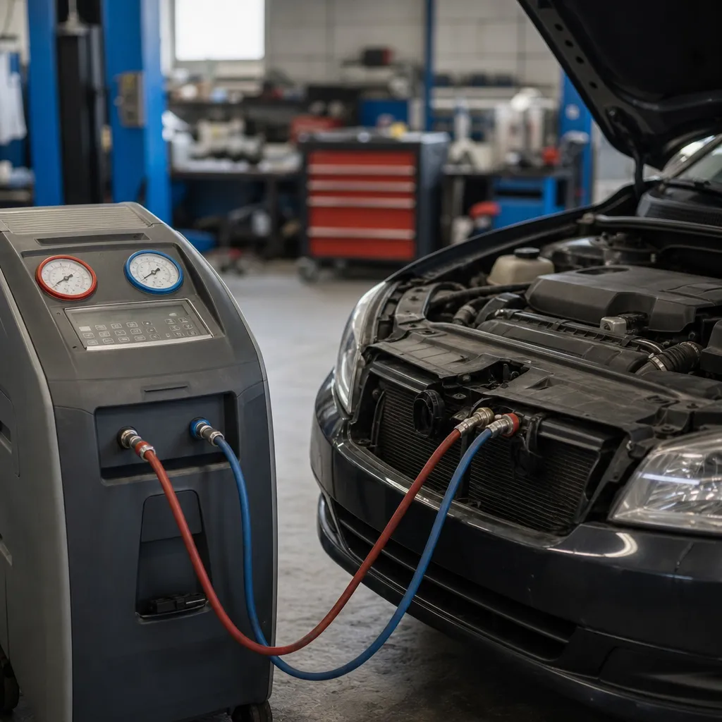 AC-servicemaskin med slangar kopplade till en bils motorrum
