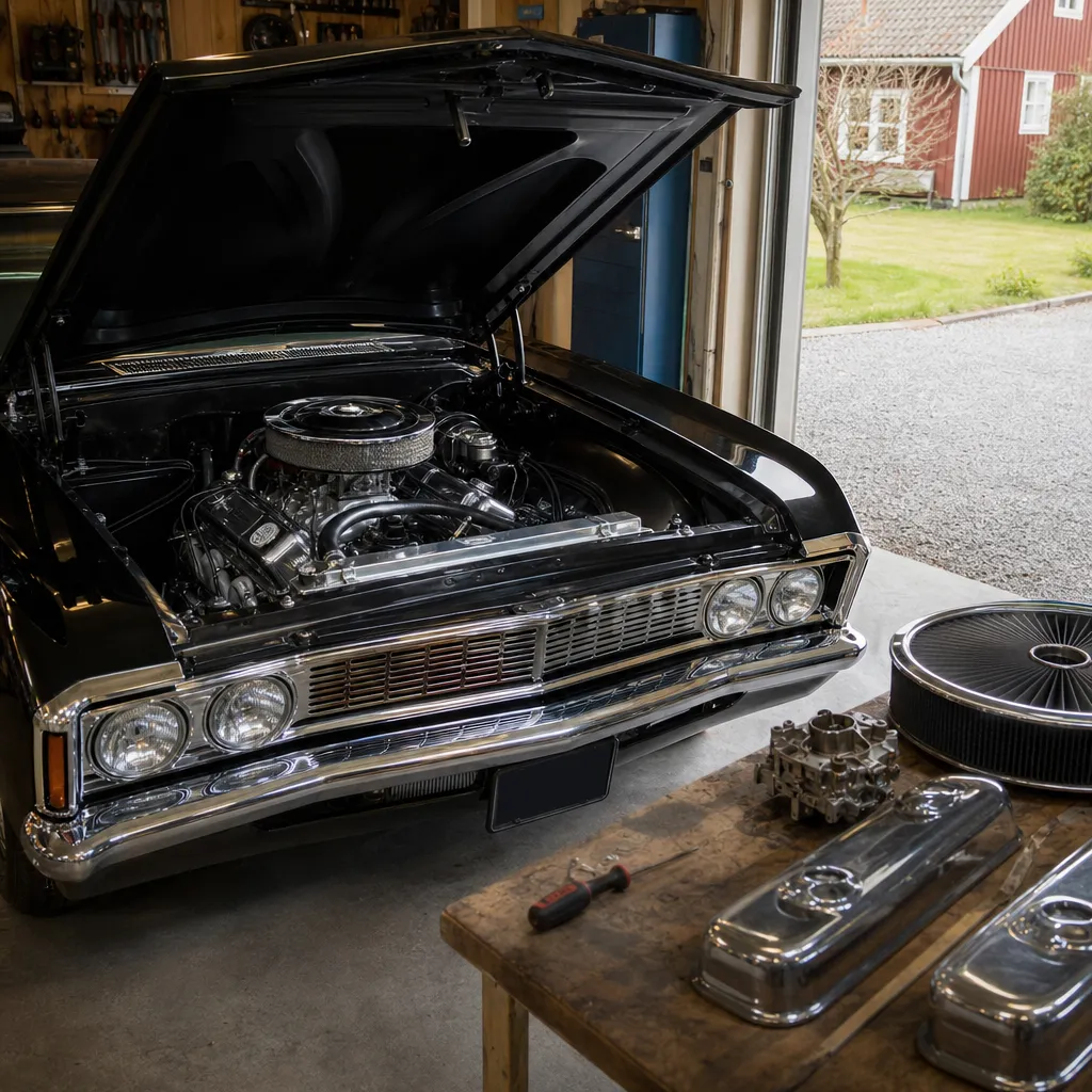 Motorrum på en amerikansk V8 med öppen huv i ett garage, delar på en arbetsbänk bredvid
