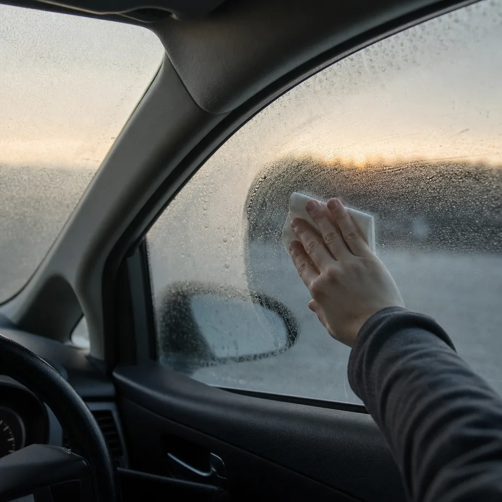 Kondens och imma på insidan av ett bilrutefönster en kall vintermorgon