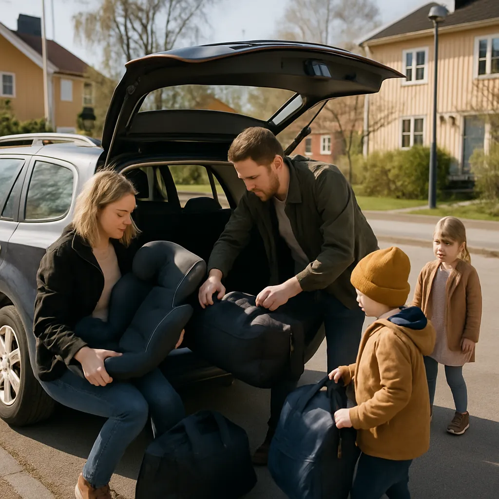 En familj lastar väskor och en bilbarnstol i bagageutrymmet på en rymlig begagnad kombi