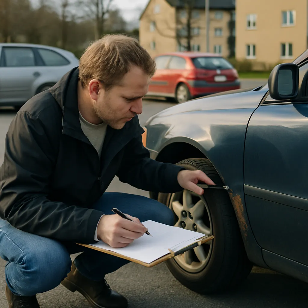 En köpare med anteckningsblock böjer sig ner vid hjulhuset och kontrollerar en begagnad bil enligt en checklista