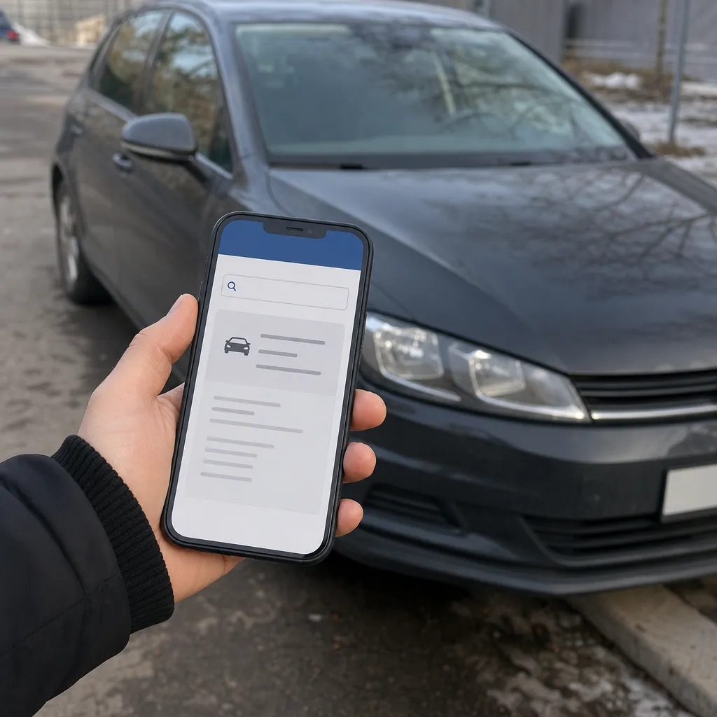 En hand håller en mobil för att slå upp besiktningsperioden på registreringsnumret bredvid en parkerad bil