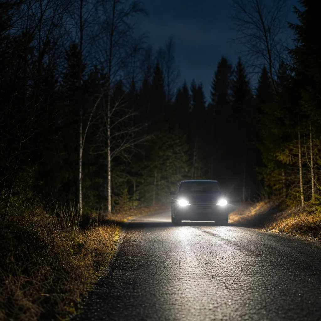 LED-strålkastare på bil i mörker på landsväg