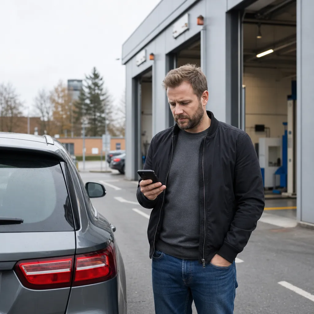 En bilägare jämför priser i mobilen bredvid sin bil utanför en besiktningsstation
