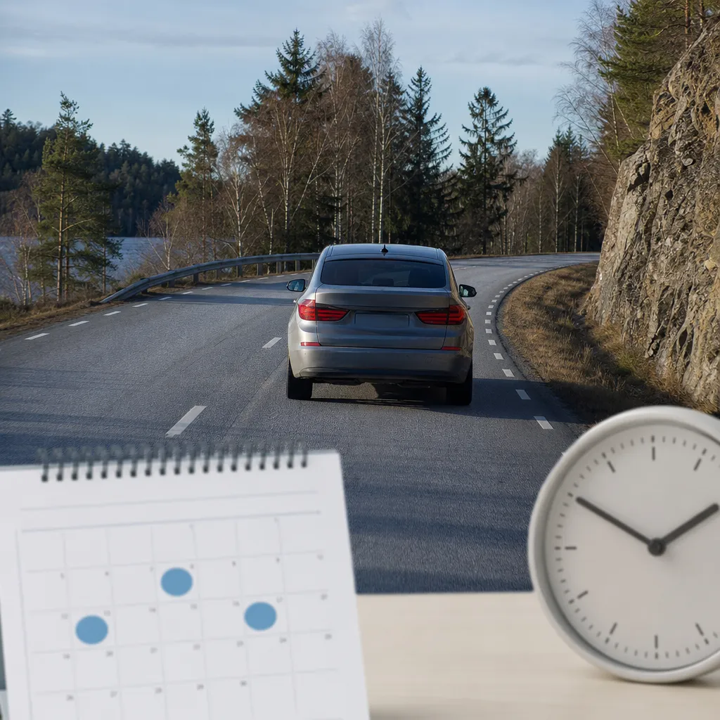 En personbil körs på en svensk väg i dagsljus, med en kalender som antyder återkommande besiktningstider