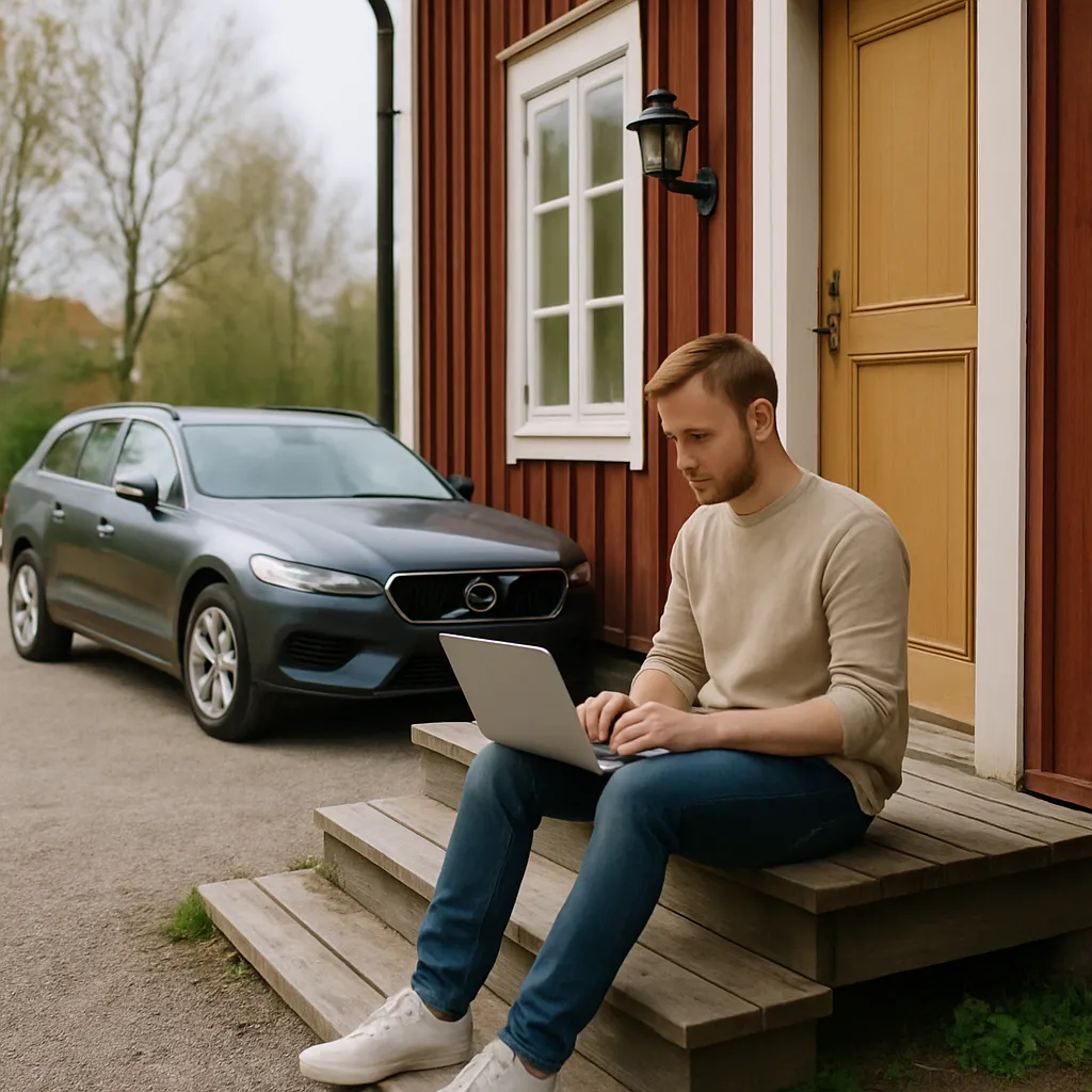 Bilägare jämför försäkringsvillkor på en laptop bredvid sin parkerade bil
