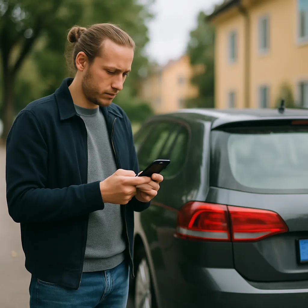 Person som slår upp fordonsuppgifter på registreringsnummer i mobilen vid en parkerad bil