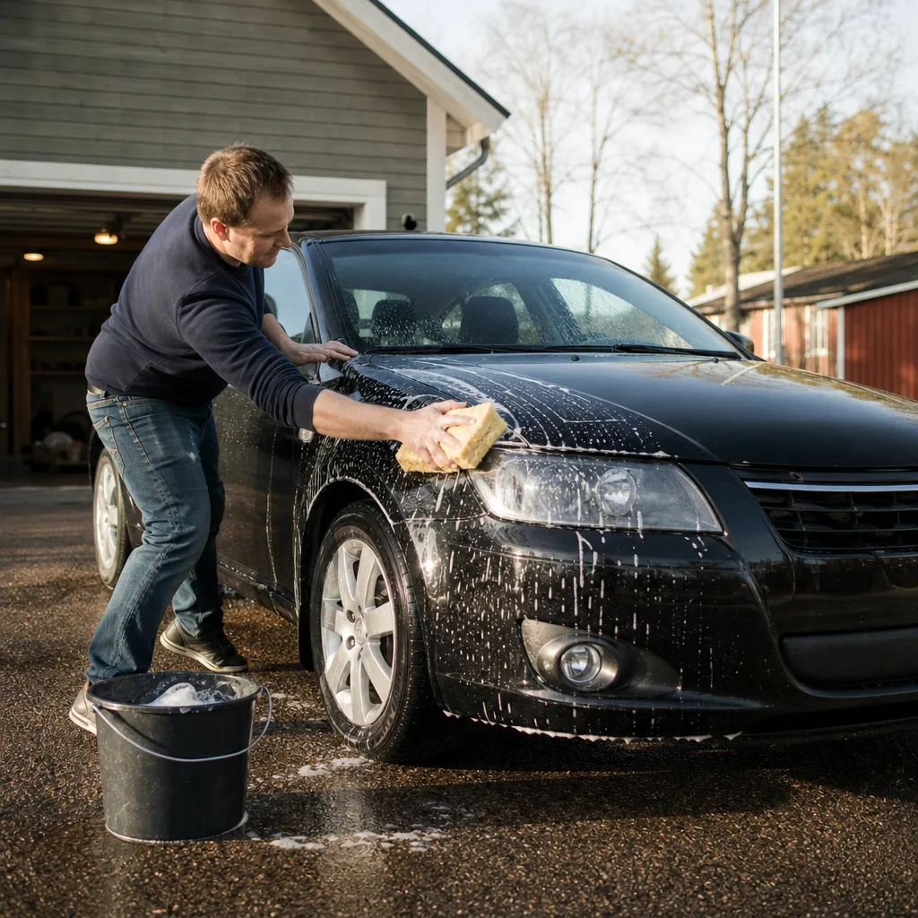 Person tvättar bil framför garaget med tvätthink och mikrofiberduk