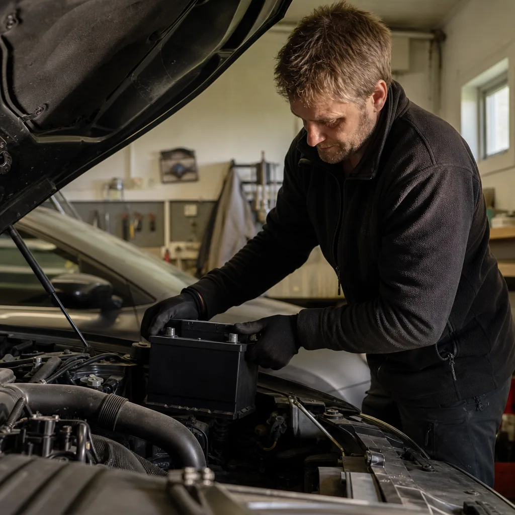 Man byter bilbatteri med handverktyg i garage