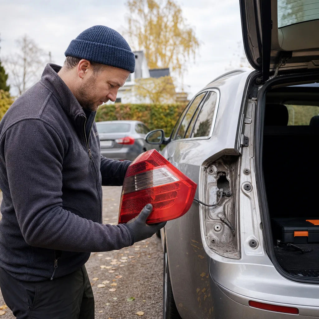Person byter bakljus på sin bil