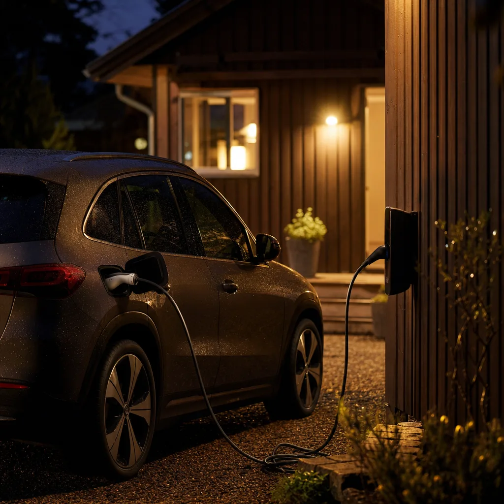 Laddboxkabel inkopplad i elbil vid hus nattetid med varm belysning från fönstret