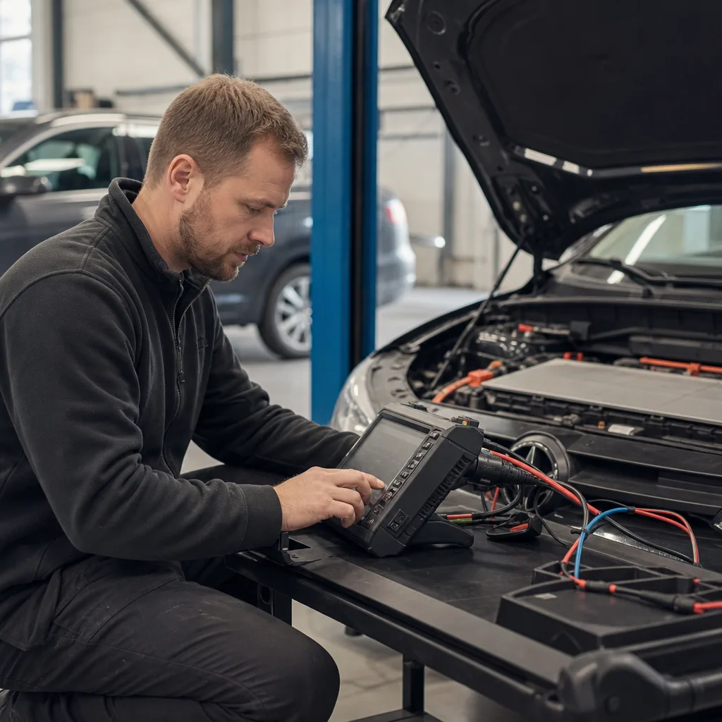 Diagnostikutrustning kopplad till elbil för batteritestning