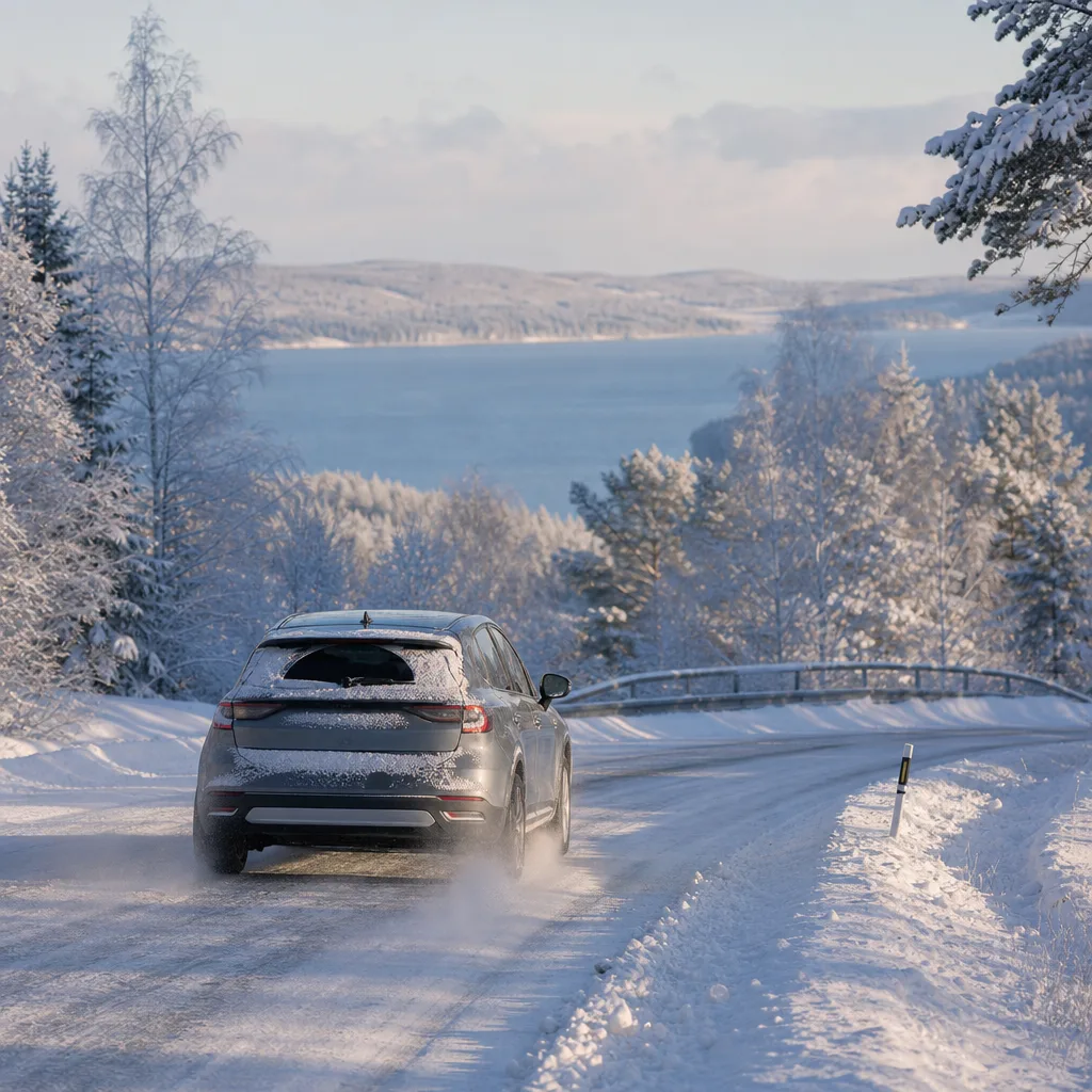 Elbil i nordiskt snölandskap med frostigt vinterväglag