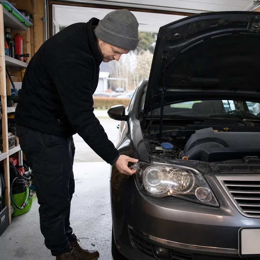 En person kontrollerar strålkastare och torkarblad på sin bil i garaget inför besiktningen