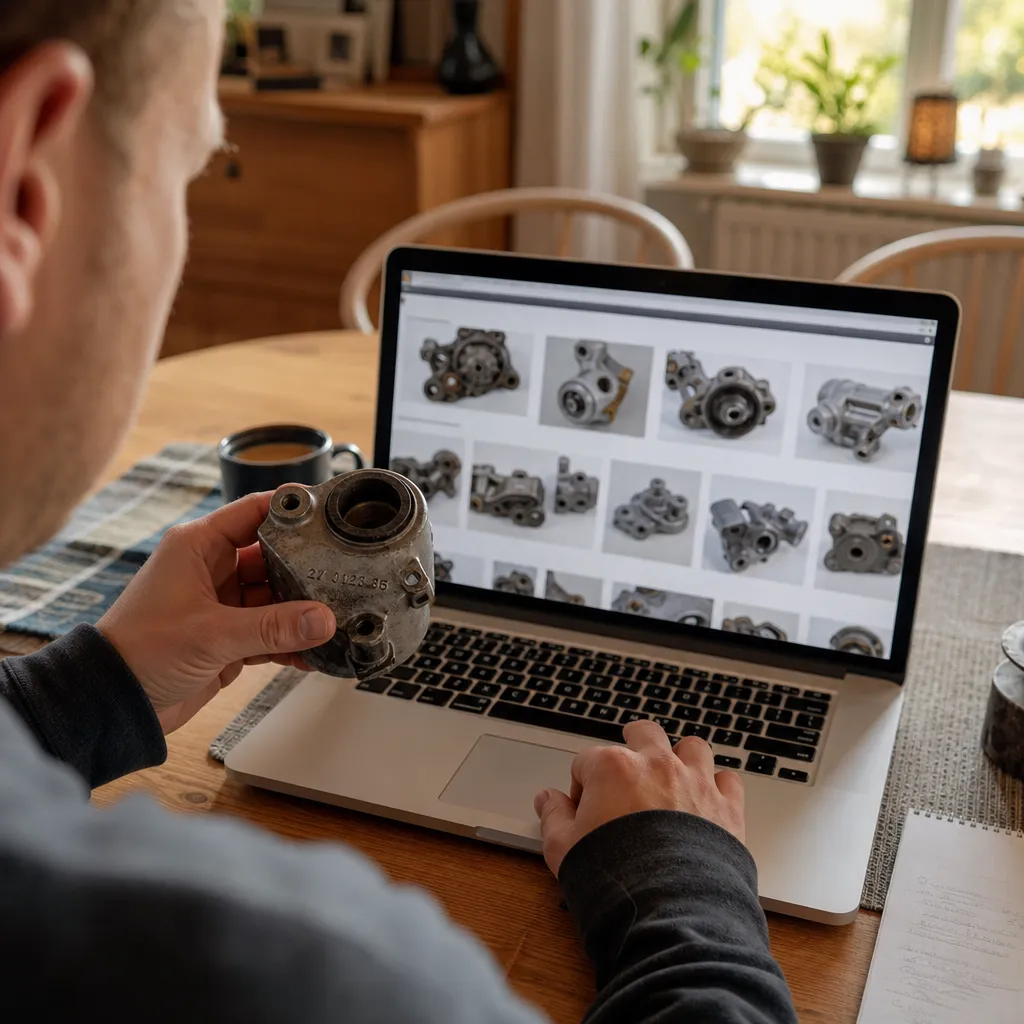 Person söker reservdel på laptop med en gammal bildel och dess artikelnummer i handen