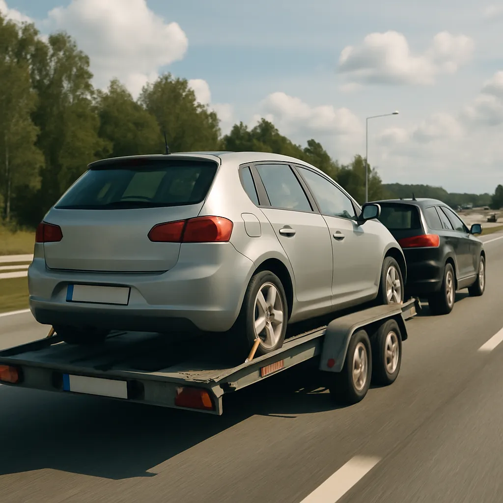 En bil transporteras på en släpvagn längs en europeisk motorväg vid import till Sverige
