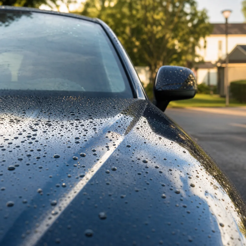 Glänsande bil med vattenpärlor på lacken efter keramisk coating