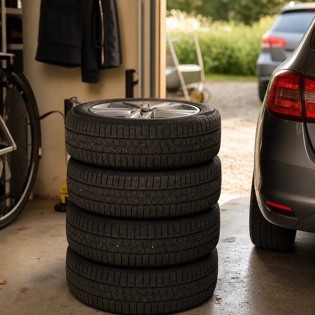 Fyra kompletta hjul med däck staplade i ett garage