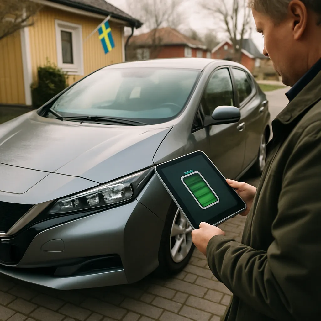 En person inspekterar en begagnad elbil på en uppfart och tittar på batteriinformation på en surfplatta