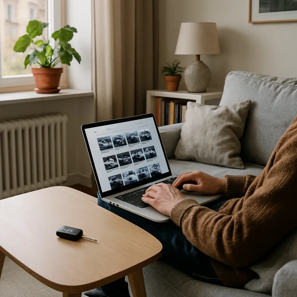 En person sitter hemma i soffan med en laptop och bläddrar bland begagnade bilar med en bilnyckel på bordet