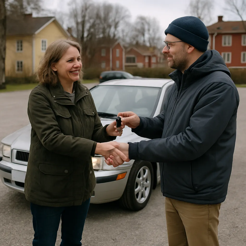 Två personer skakar hand vid en begagnad bil på en grusplan och lämnar över nycklar vid en privat bilaffär