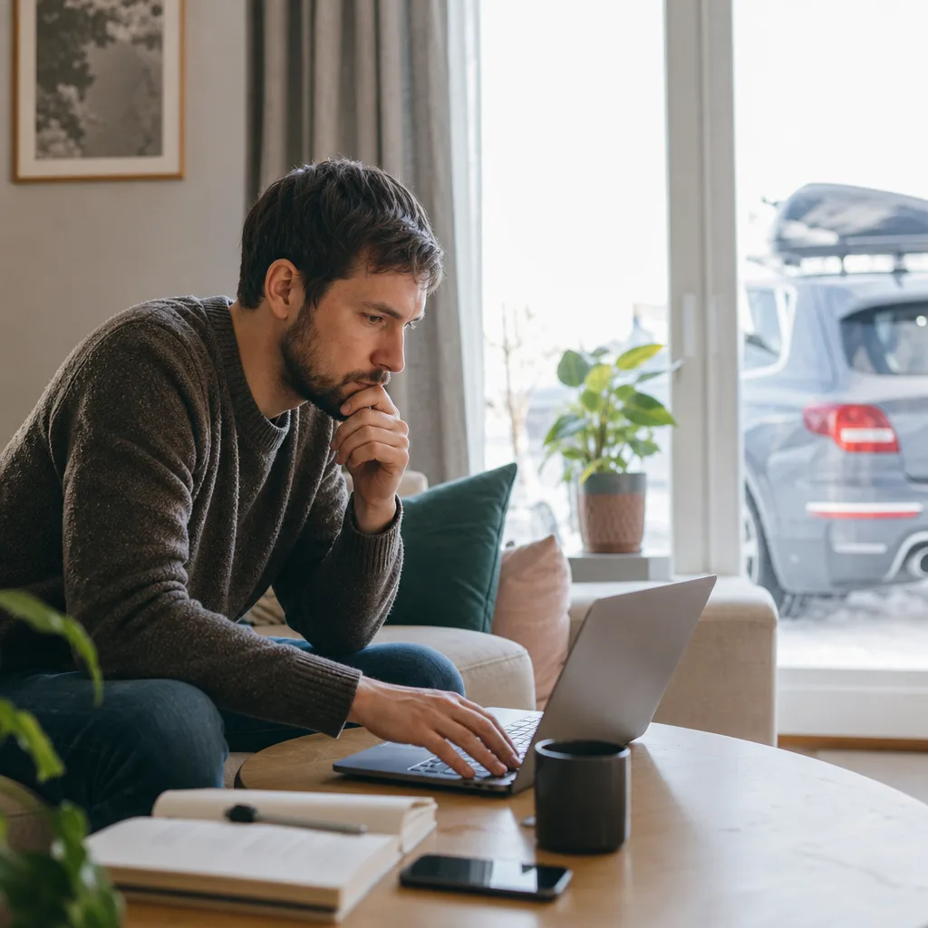 Person som jämför däck på laptop hemma