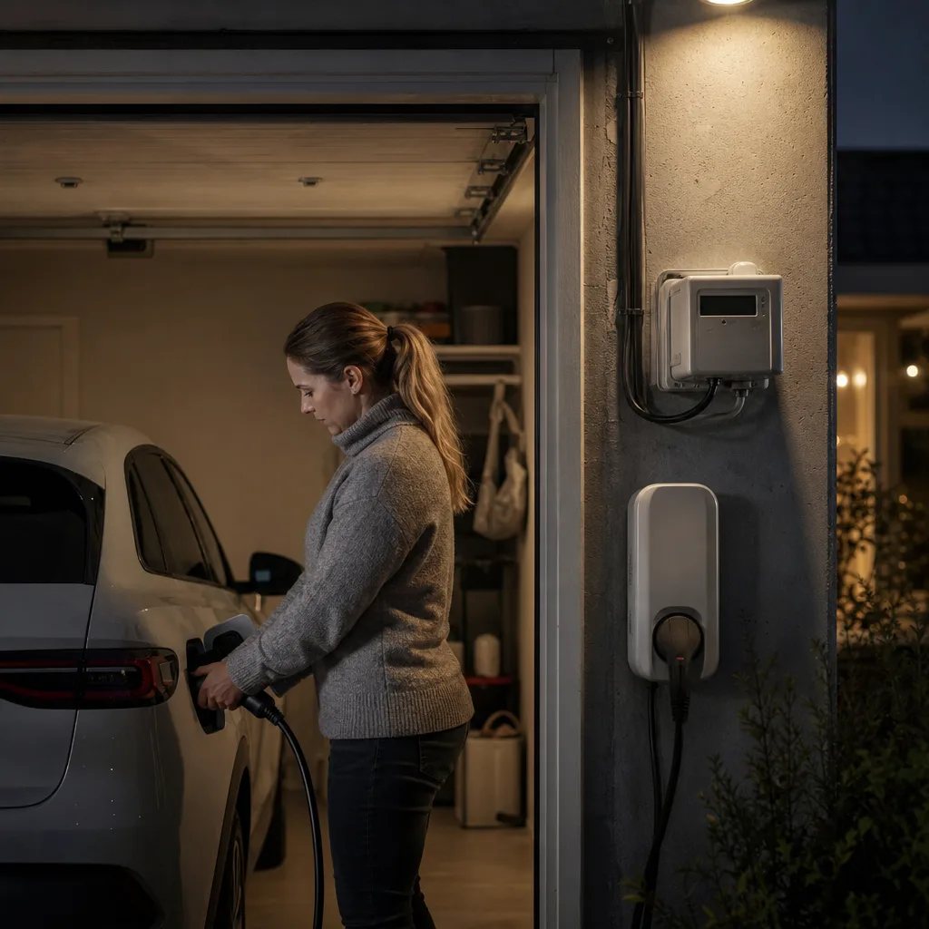 Elmätare och elbilsladdning nattetid hemma i garage
