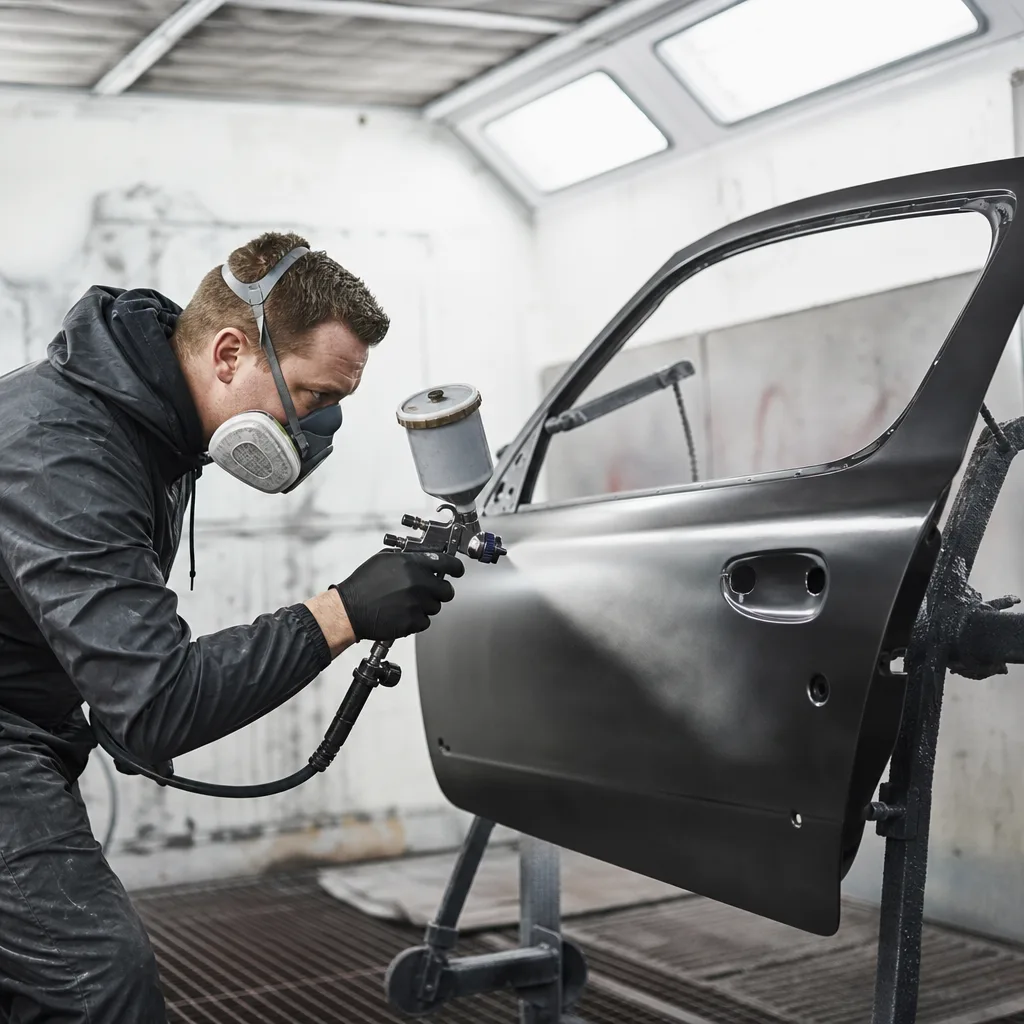 Person med sprutpistol lackar en bildörr i ett garage