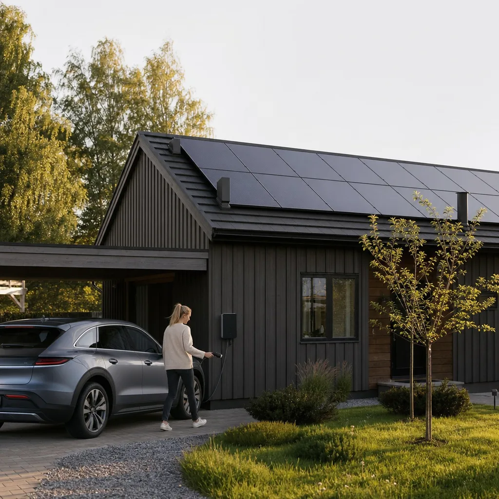 Solceller och laddbox vid modern nordisk villa