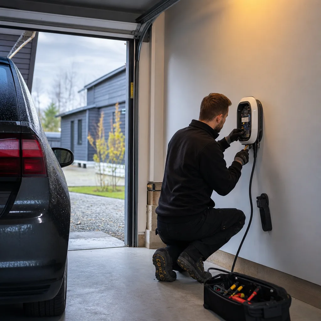 Elektriker monterar laddbox i garage vid villa