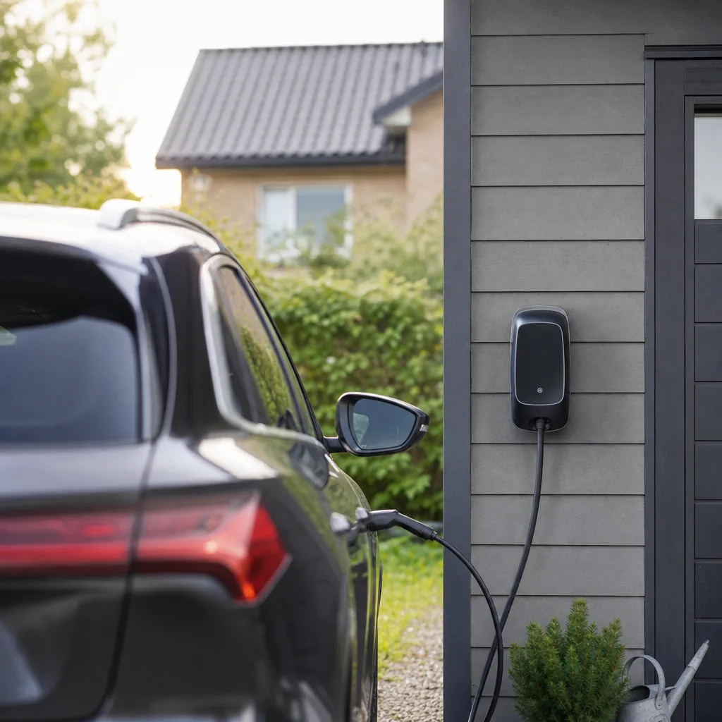 Laddbox monterad på garagevägg med elbil som laddas