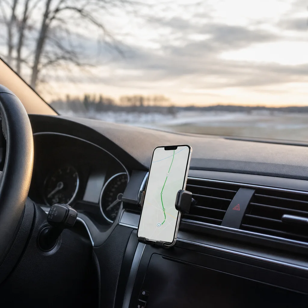 Telefonhållare fäst på luftventilen i bil med GPS-navigering