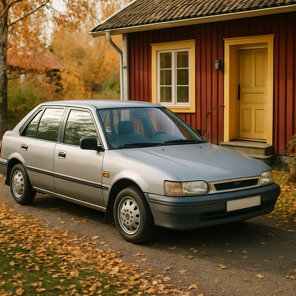 En välskött äldre kompaktbil parkerad utanför ett svenskt hus en höstdag