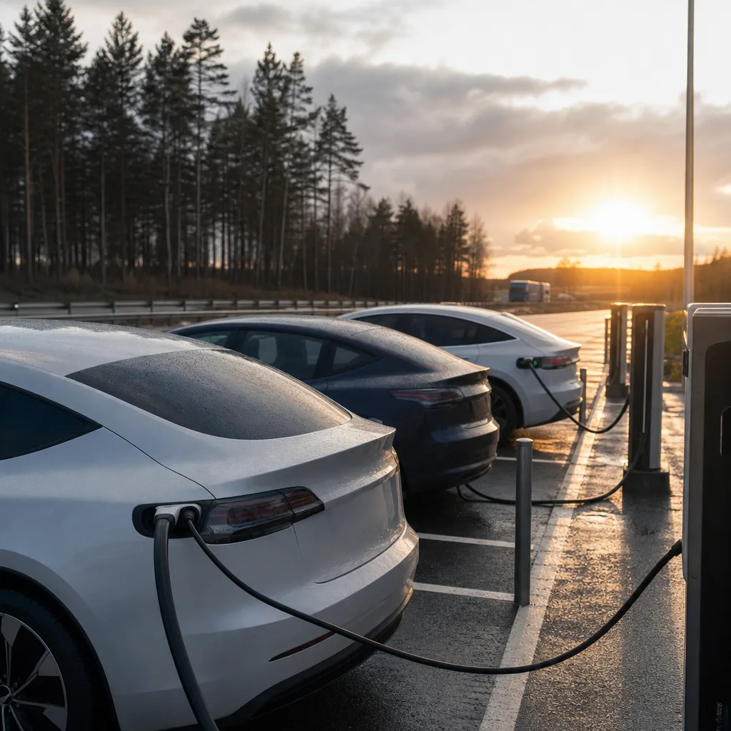 Snabbladdstation med flera elbilar uppkopplade längs en motorväg i Sverige