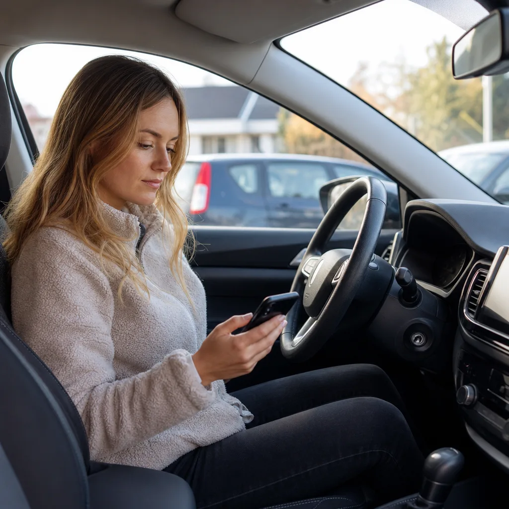 Kvinna jämför offerter på mobiltelefonen sittandes i bil
