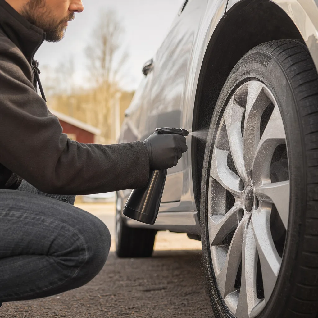 Person sprutar fälgrengöring på en aluminiumfälg