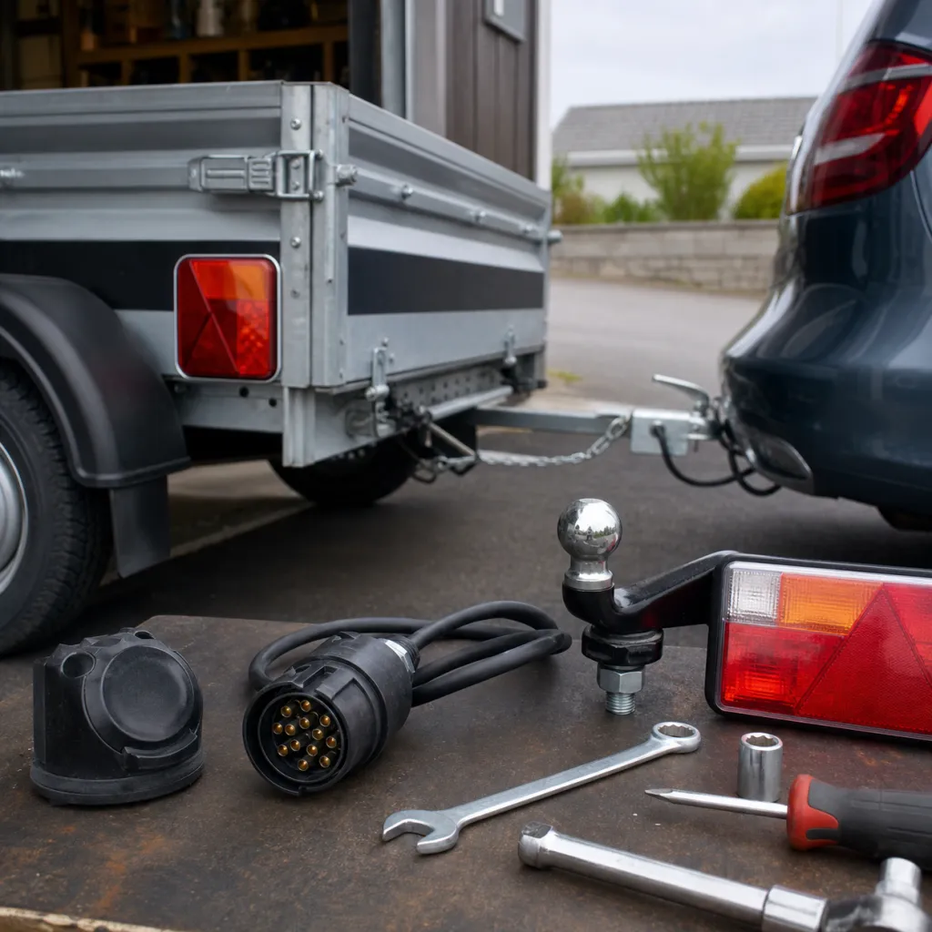 Släpvagnskontakt, dragkula och reservlampor på arbetsbänk i svenskt garage
