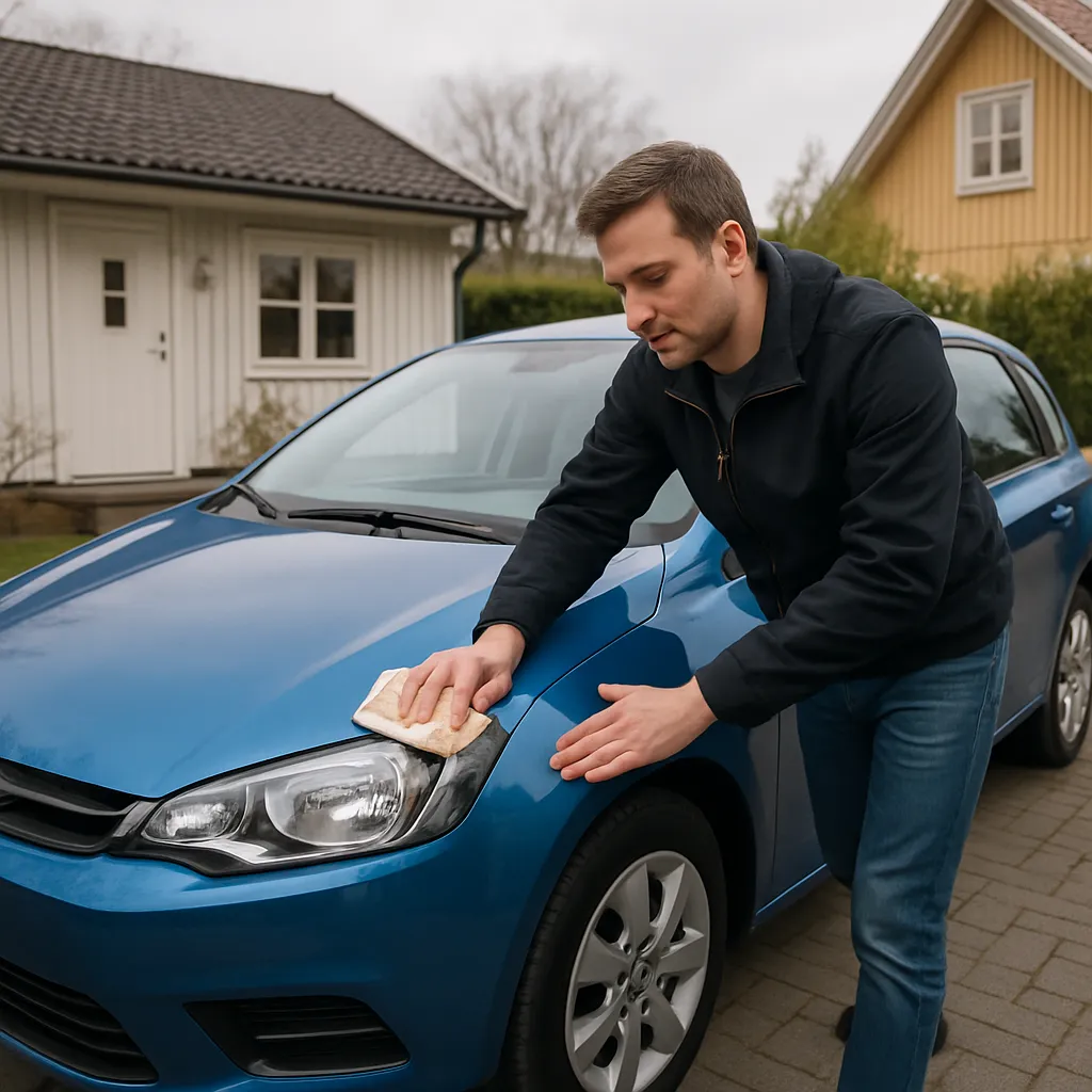 Man torkar av en bil på en uppfart inför försäljning