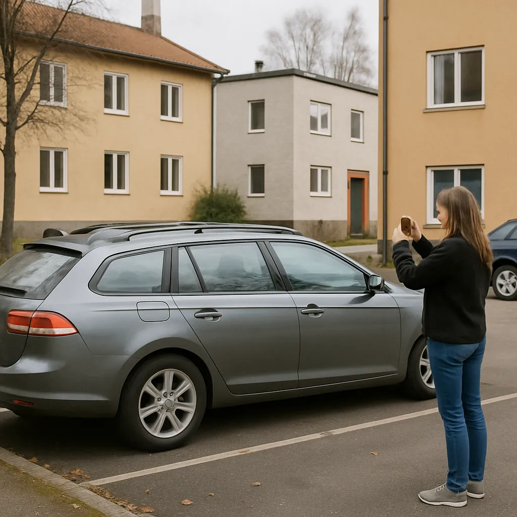 Kvinna fotograferar sin kombibil med mobilen inför försäljning
