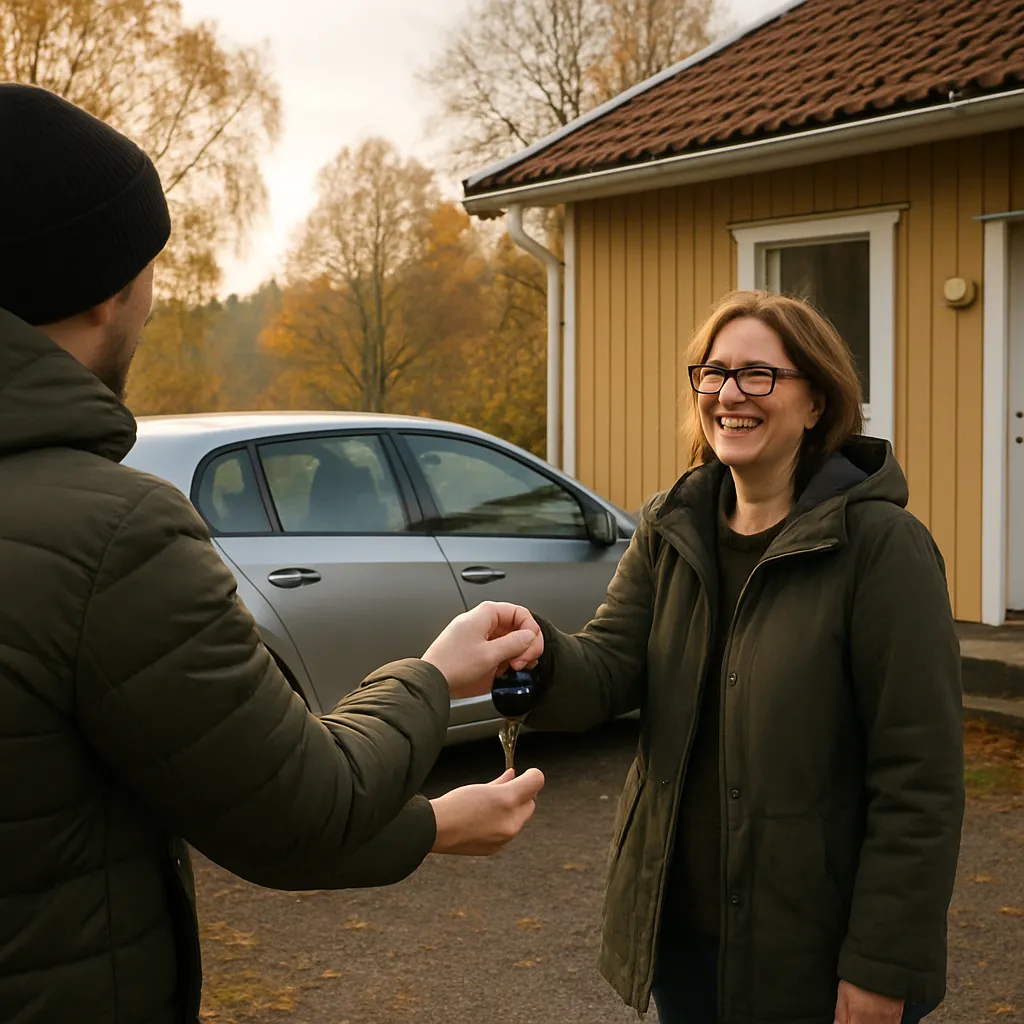 Person lämnar över bilnycklar utanför ett hus i höstljus
