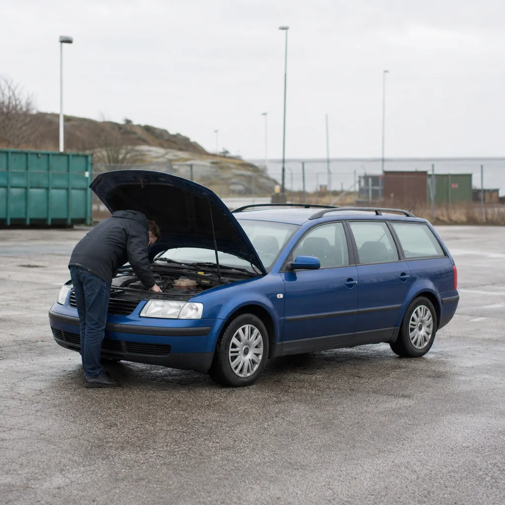 En kombibil inspekteras på en öppen gårdsplan en grå dag