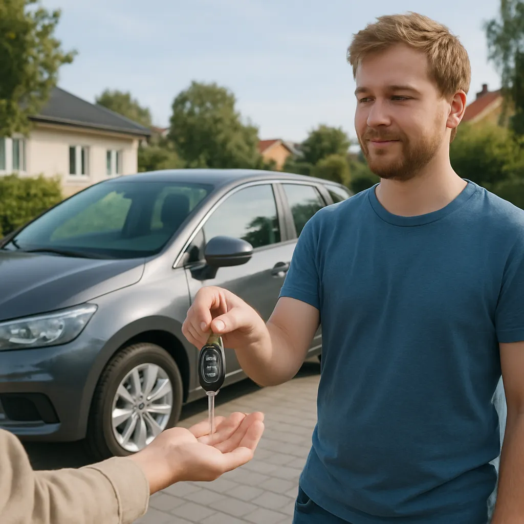 Person lämnar över bilnycklar utanför en bil på en uppfart en sommardag