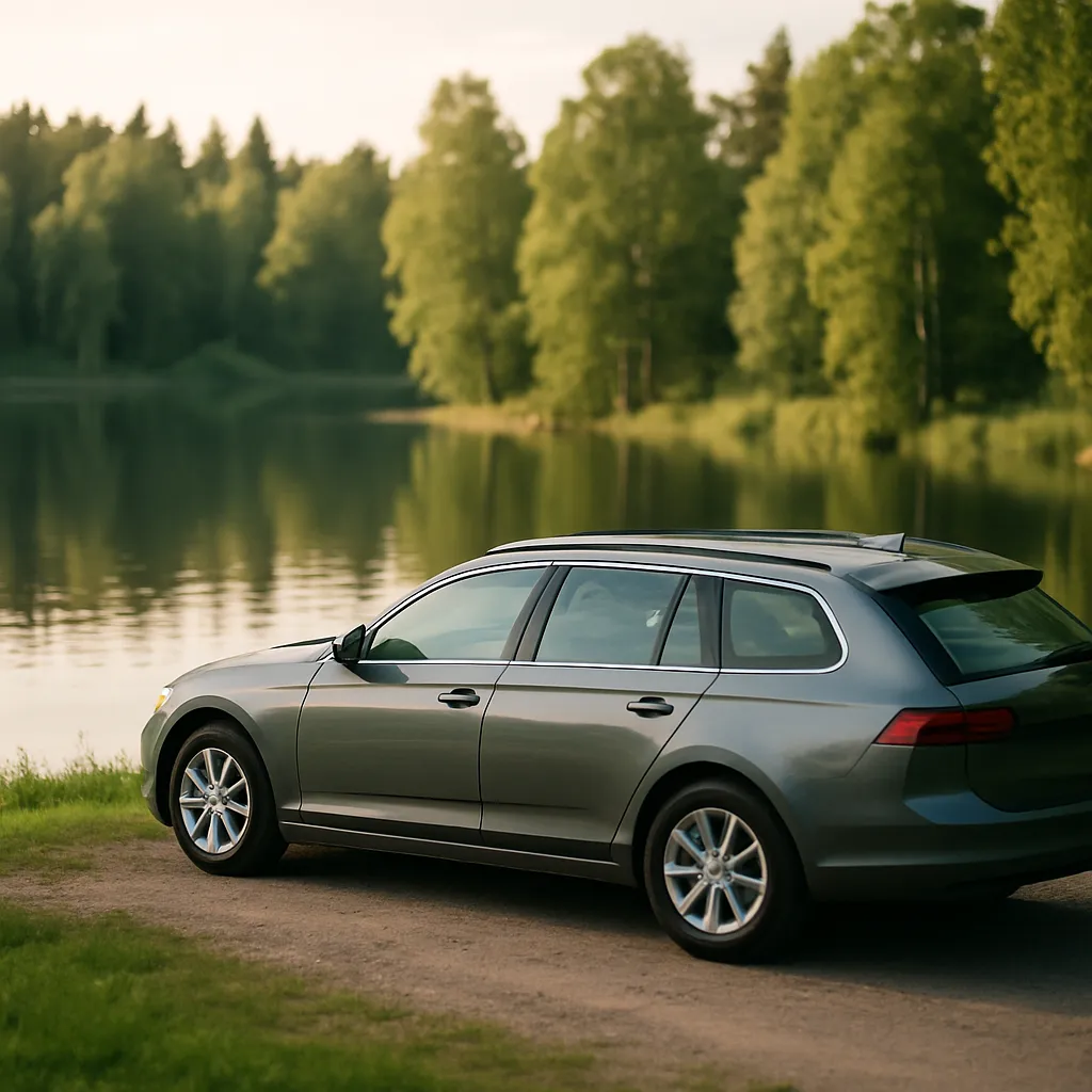 En bil står parkerad vid en sjö i lugn svensk sommarmiljö