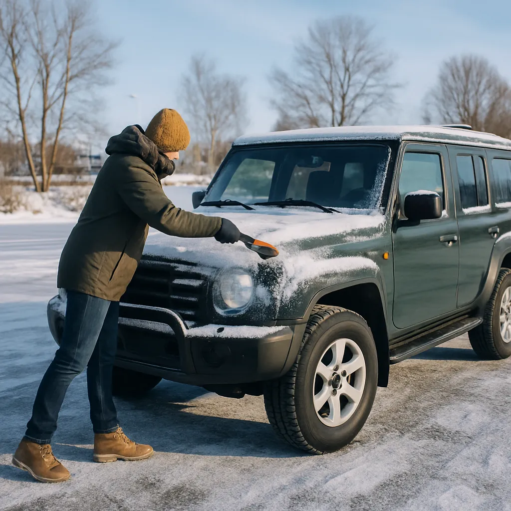 Person borstar lätt snö av en fyrhjulsdriven SUV i vinterljus