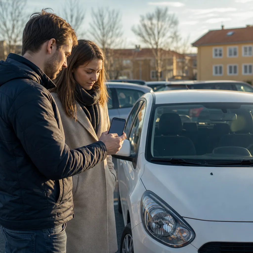 Ett par tittar på en bil på en parkering i eftermiddagsljus