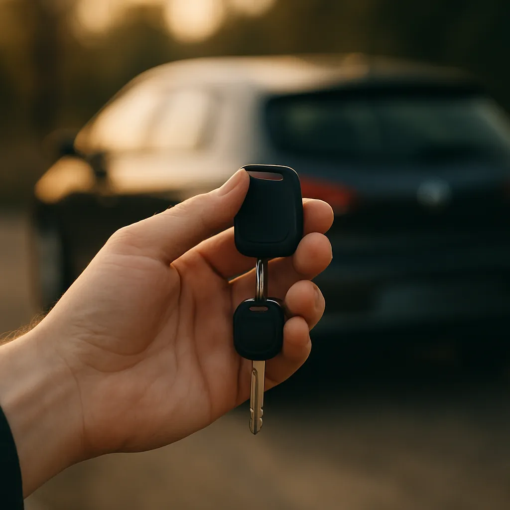 Närbild på en hand som lämnar över en bilnyckel vid en parkerad bil