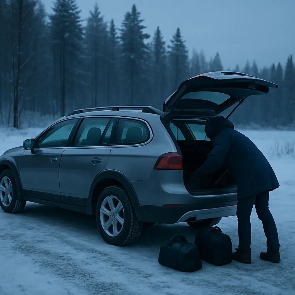 Person lastar väskor i en fyrhjulsdriven kombi på en snöig grusplan