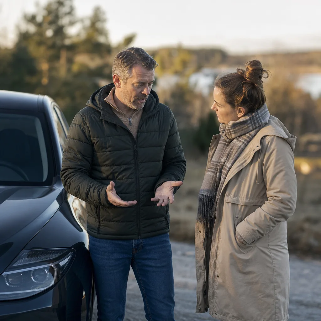 Man och kvinna diskuterar vid en bil utomhus inför en bilaffär