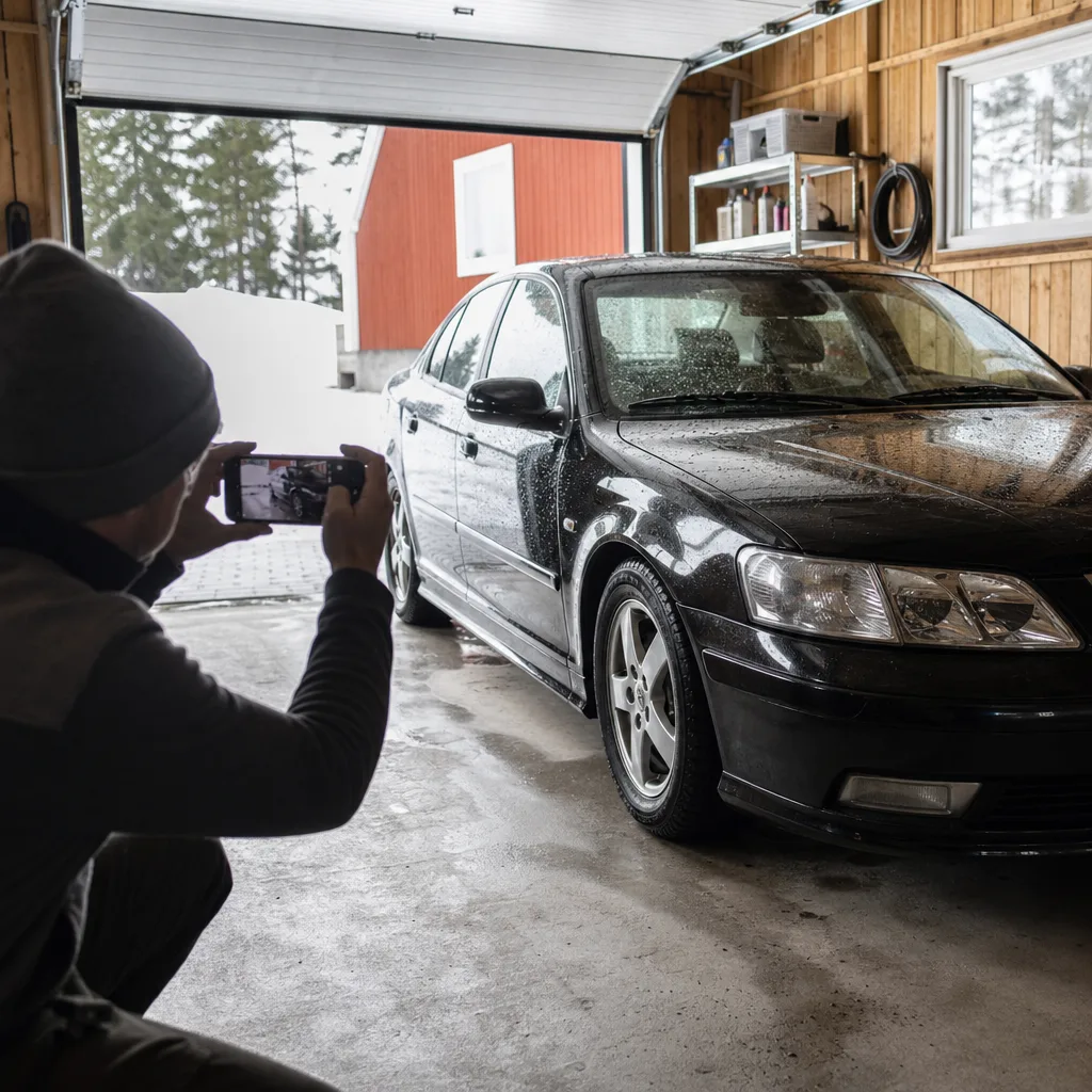 Person fotograferar sin bil i garaget för en bilannons