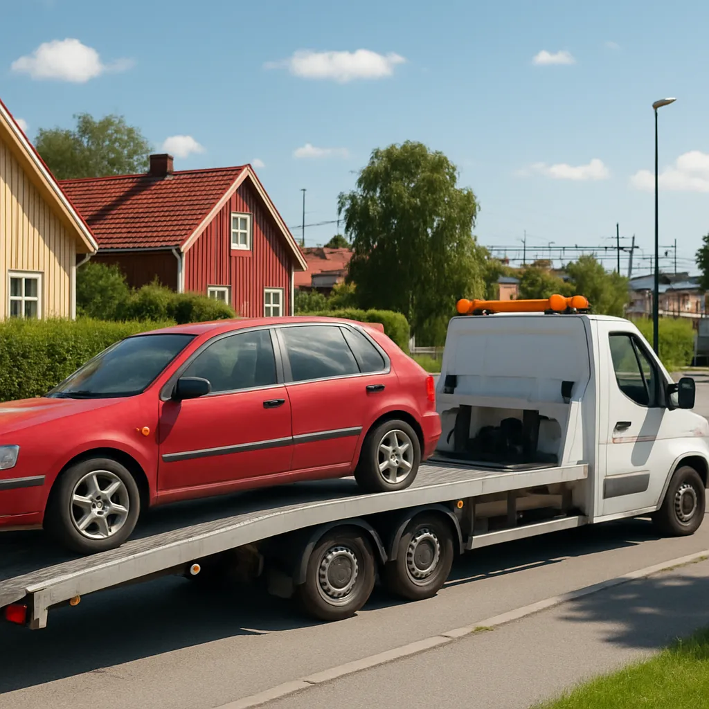 Bärgningsbil lastar en begagnad bil för upphämtning på en förortsgata